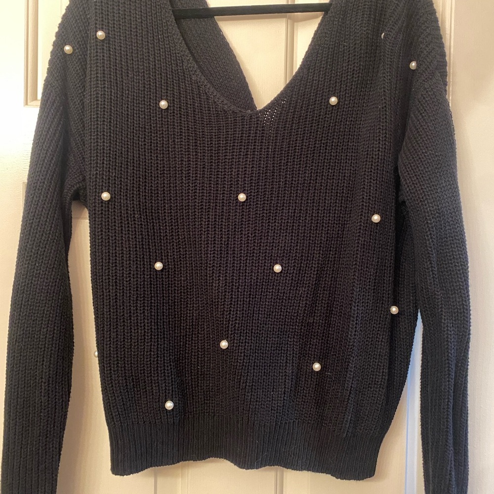 Jessica Simpson Black V-Neck Sweater with Pearl Details